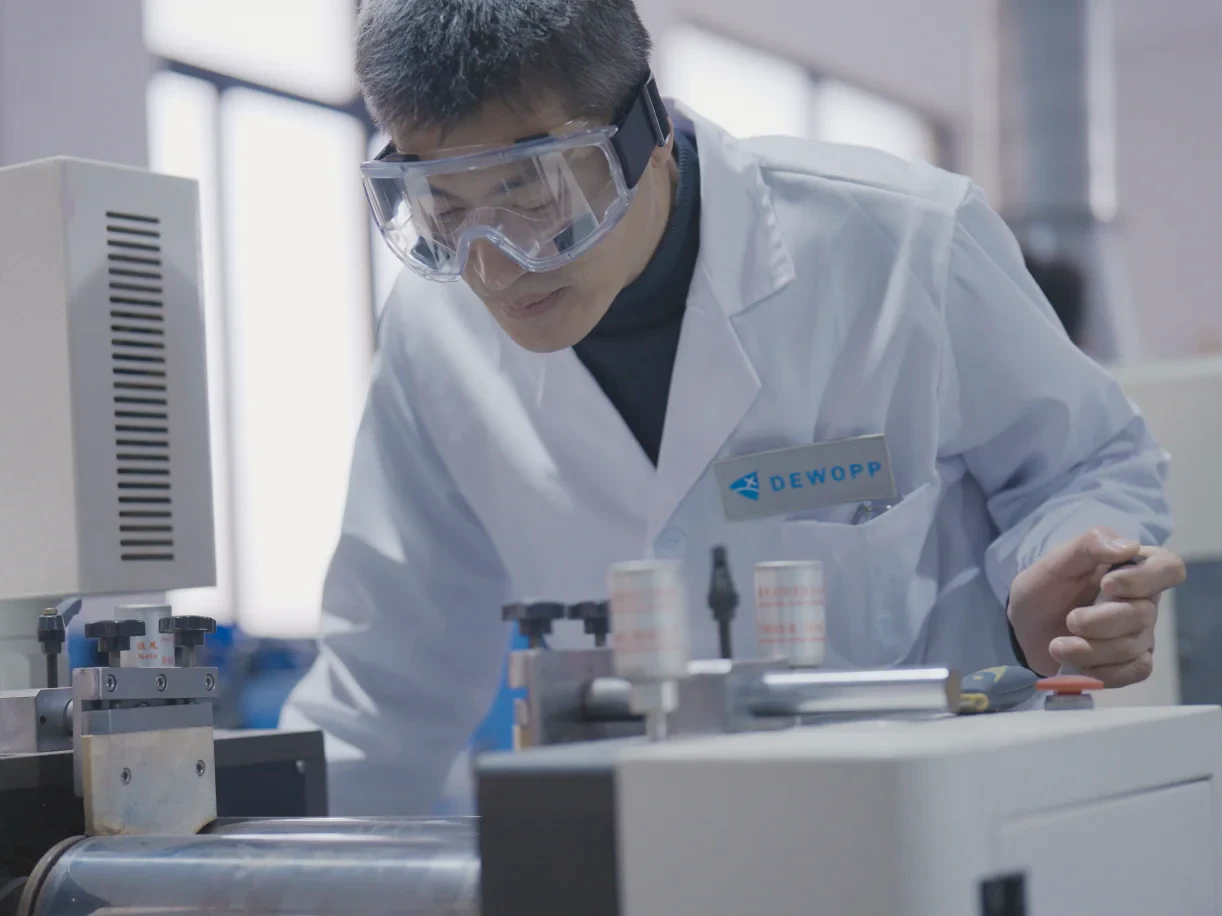 DEWOPP technician testing nano-dispersion TiO2 masterbatch in laboratory